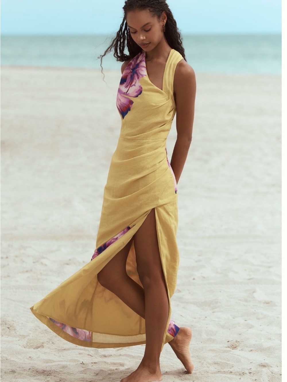 Anthropologie Yellow Floral-Trim Sleeveless Wrap Maxi Dress